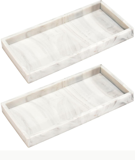 DNC 2PC 7.9" Small Silicone Bathroom Tray for Counter, Vanity Tray for Countertop, Kitchen Sink Soap Tray for Dish Holder Dispenser Toilet Tank Desk Organizer Marble White