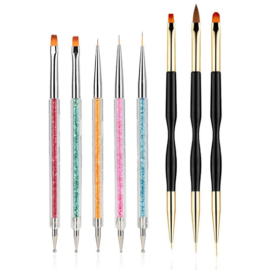 8PCS Nail Art Brushes, Double-Ended Brush and Dotting Tool Kit, Dual End Nail Art Pen Brush Acrylic Round Flat Painting Drawing Liner Nail Tools