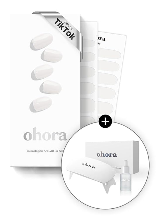 ohora Bundle Set (N Clean White Starter Kit) - White Solid Gel Nail Strips with UV/LED Lamp and Mini Remover, Salon-Quality, Long Lasting, Easy to Apply, Remove, Prep Pads, Nail File, Wooden Stick