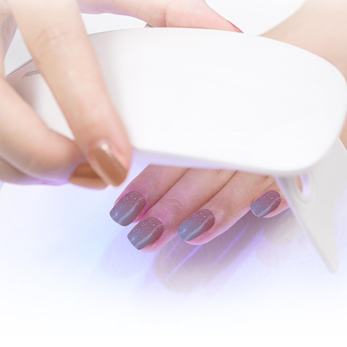 WOKOTO 1 Sheet Semi Cured Gel Nail Strips With Wood Stick, Nail File & Prepared Pads, 20 Tips Shimmery Ice Blue Ombre Semi Cured Nail Polish Strips Stickers, Harden With UV Light Gel Nail Stickers