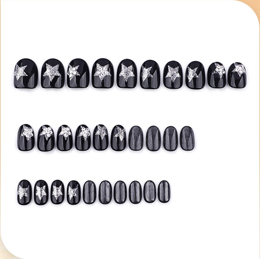 evpct Black Goth Cat Eye Short Press on Nails Oval, Short Oval Glue on Nail for Women Gift, Gothic Silver Star Metallic Glitter Glossy Reusable Spring Summer Gel Press on Acrylic Fake Nail with Design