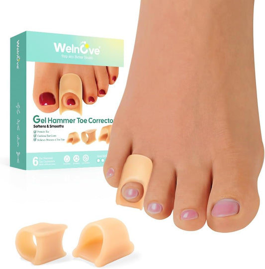 Welnove Hammertoe Corrector - 6 Pack Toe Splints - Soft Gel Toe Straighteners - Realign Bent, Curled, Crooked, Claw, Hammer Toes - Corrector for Men and Women, Small (Beige)