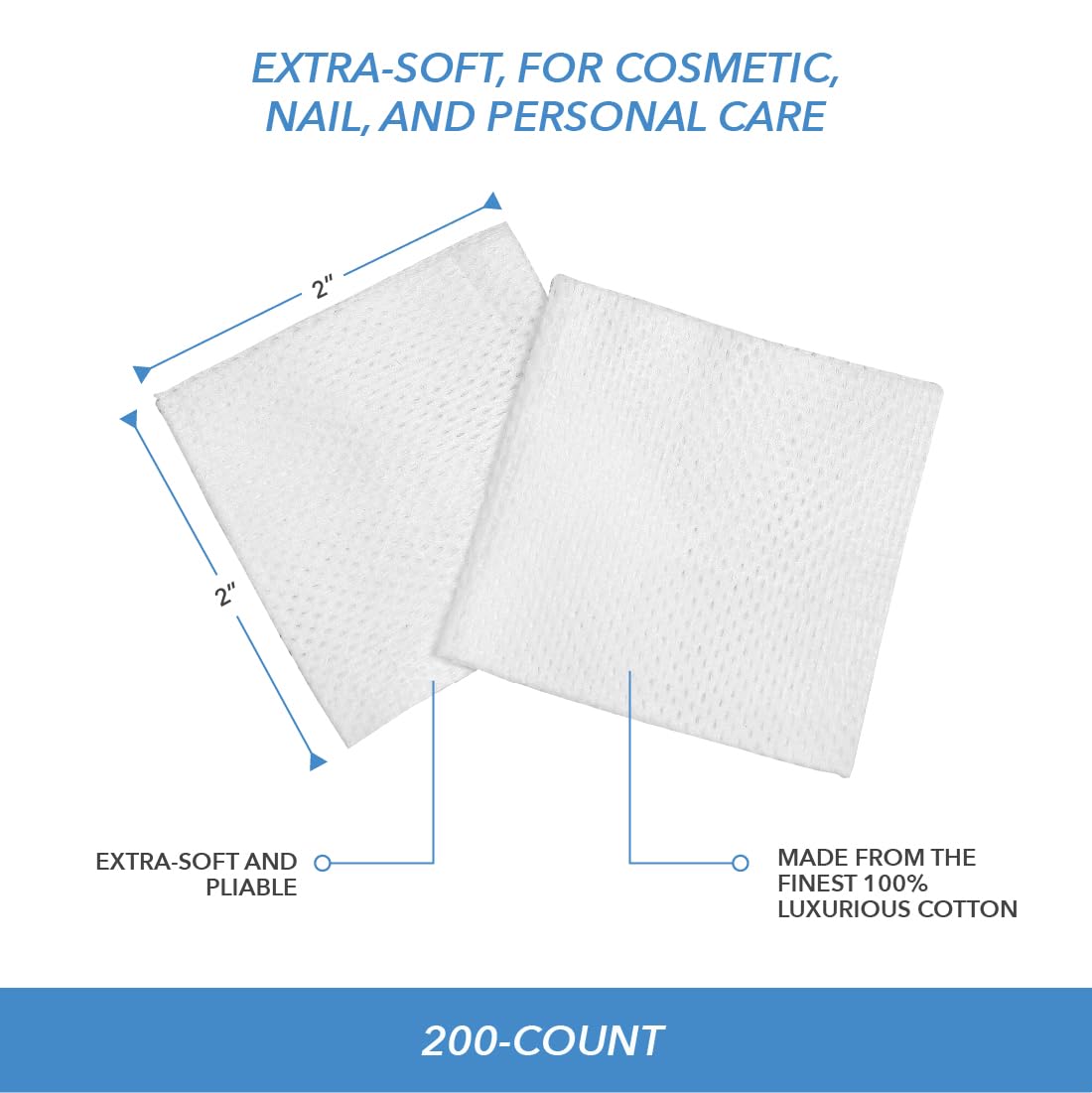 ForPro Professional Collection Premium Cotton Wipes, 100% Cotton, Extra-Soft, for Cosmetic, Nail, and Personal Care, 2” x 2”, 200-Count