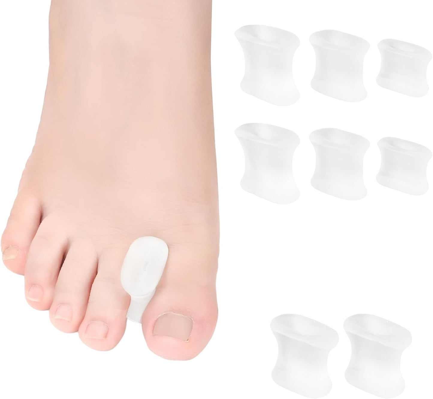 FOYOLO Gel Toe Separators and Flared Bunion Spacers 8PCS Temporary Bunion Corrector,Toes Splint Gel Toe Spacers for Overlapping Toe and Curled Toes,Stay in Place-(2 Small & 6 Large Size-Clear)