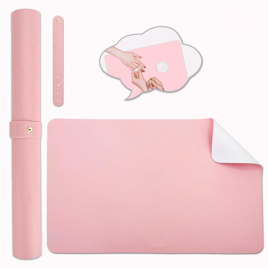 Double-sided Nail Table Mat for Nail tech - Soft Microfiber PU Leather Nail Desk Mat - Foldable Nail Art Table Mat Acetone Resistant for Nails Salon Home (Pink & White) (Mat Only)