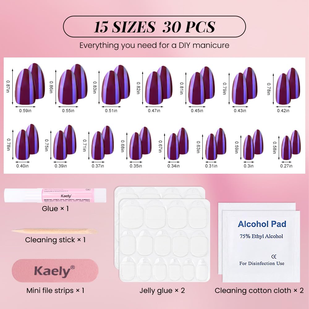 evpct Dark Purple Press on Nails Almond Short, Dark Purple Chrome Glazed Glossy Short Almond Soft Gel Press On Nails with Nail Glue for Women Gift, 15 Sizes 30Pcs Reusable Stick Acrylic Fake Nail Kit