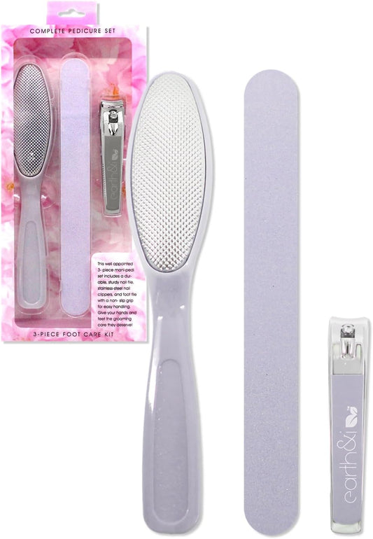 Earth & I -3 pc Manicure Pedicure Set: Large Nail Clipper, Callus Remover & Contour File, Stainless Steel Nail & Foot Care Kit for Men & Women, at Home Mani-Pedi Kit, Travel-Friendly Nail Care (Pink)