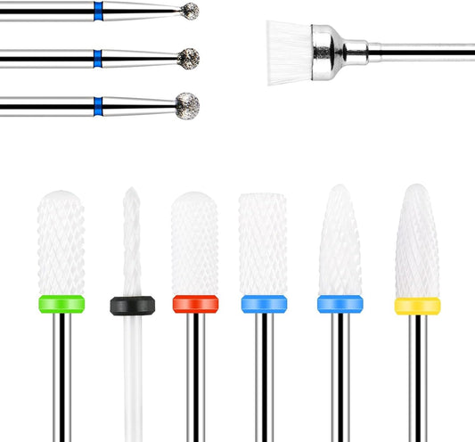 URAQT Ceramic Nail Drill Bits Sets, 10 pcs Electric Nail Drill Bits Kit 3/32", Professional Cuticle Polishing Bits for Acrylic Gel Nails, Electric Nail Files Manicure Pedicure Drill Tool