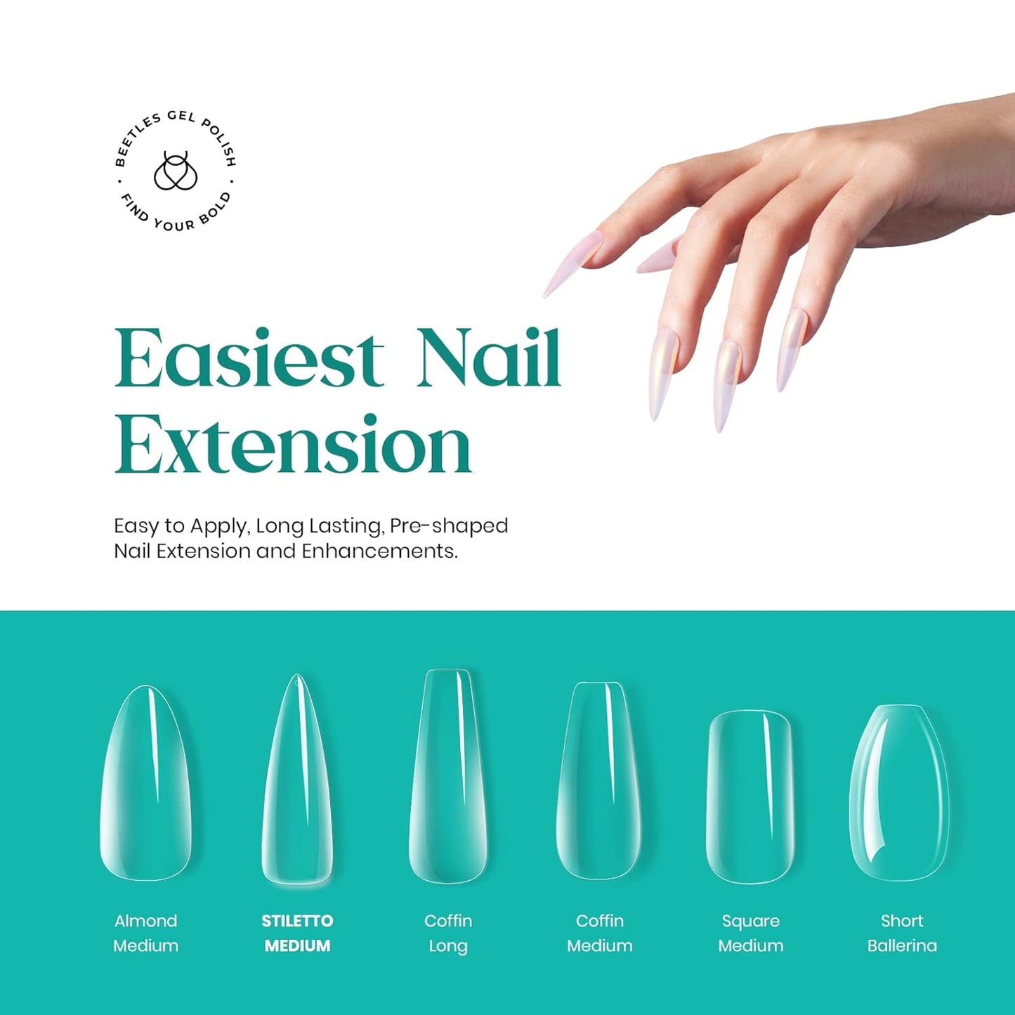 Beetles Gel Nail Tips Clear, Stiletto Medium, 500Pcs 10 Sizes, Pre-Shaped Full Cover Soft Acrylic False Press On Nail Tips Stiletto Shape Halloween Easy DIY Fall Nail Extension Salon Gift for Women