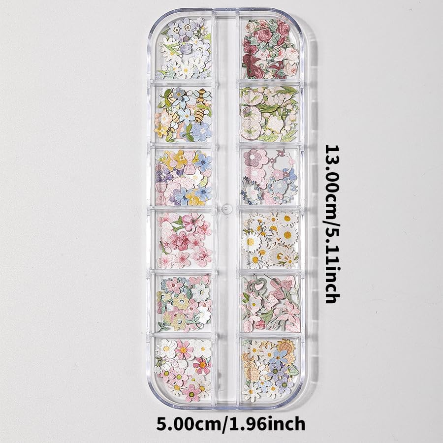 300Pcs 3D Flower Nail Art Charms Sequins Decals Colorful Mixed Flowers Leaves Butterfly Design Slice Nail Flowers Ultra Wood Pulp Flakes Sequins 1