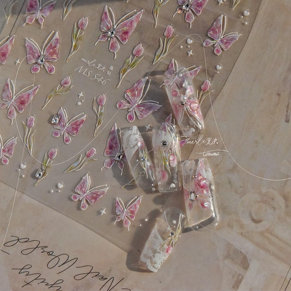 Butterfly Nail Art Stickers Decals Pink Butterfly 5D Embossed Nail Decals Tulip Butterfly Nail Charms Designs Adhesive Sticker Manicure Accessories for Women Girls DIY Nail Art Decorations Supplies