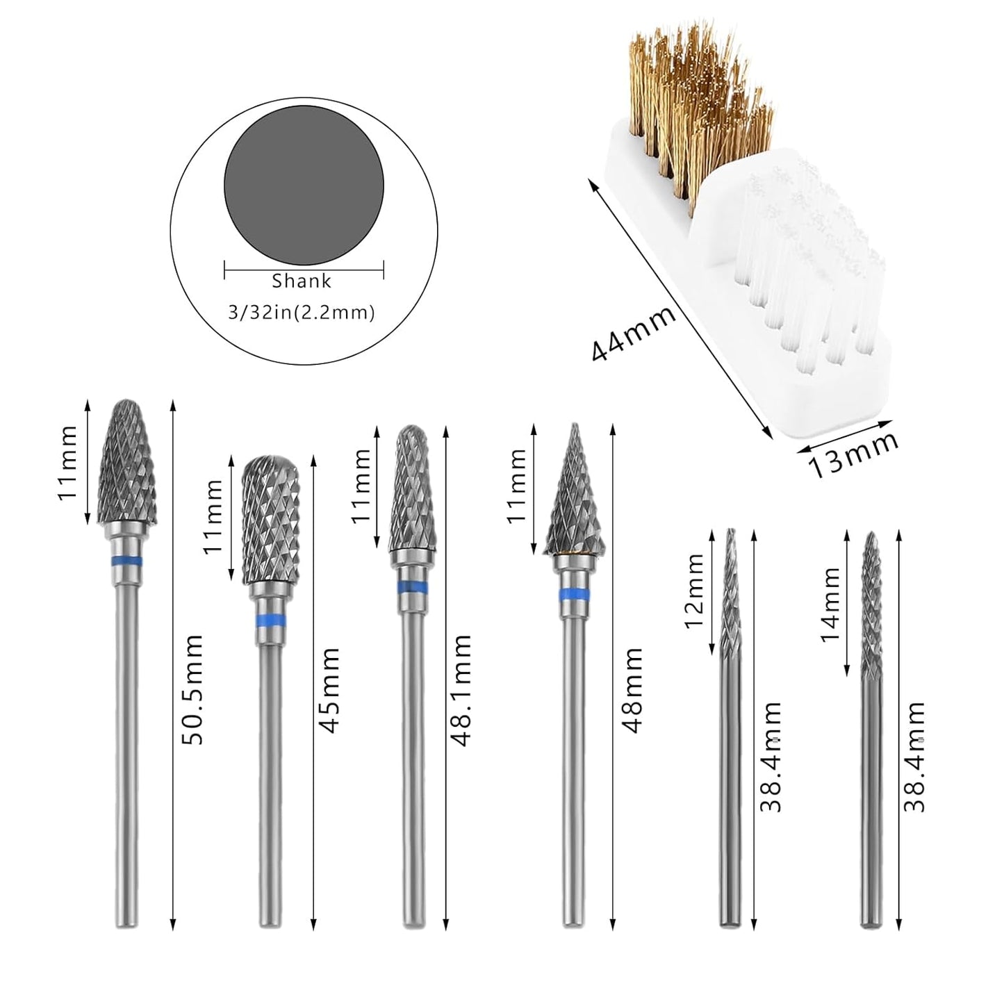dophee 6 Pack Nail Drill Bits Set for Acrylic Nails, 3/32" Shank Electric Nail Grinding Head Polishing Remover Tool for Nail Art Salon Cuticle Cleaner, Medium Grit, Blue