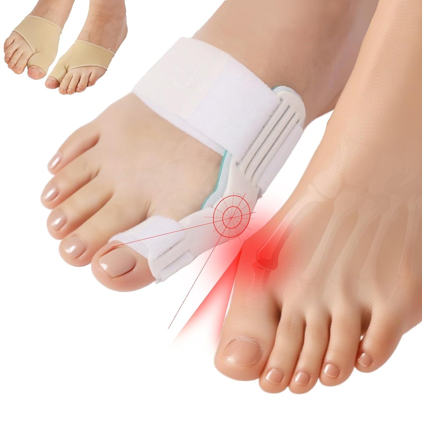 Bunion Corrector With Silicone Inner Pad for Women Men Big Toe Orthopedic Bunion Splint for Hallux Valgus Pain Relief Hammer Toe Straightener for Day Night Support-1 White(Free 2 Bunion Sleeves)