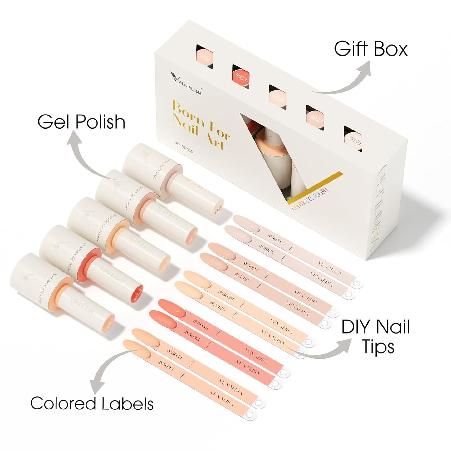 VENALISA Gel Nail Polish Set, 5 Colors 10ML Nude Gel Polish Kit Skin Tone Soak Off Salon Manicure DIY at Home Nail Art For Girls Women