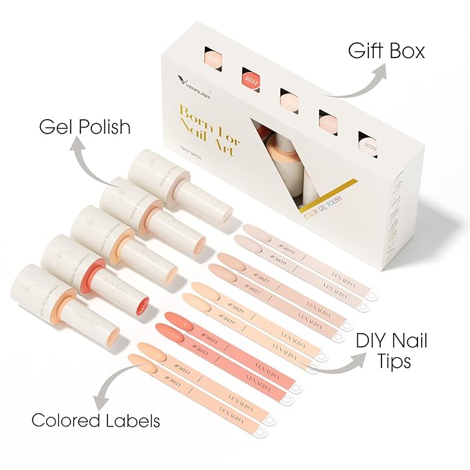 VENALISA 10 ML Pink Gel Nail Polish Set with DIY Nail tips Kit, 5 Pcs Baby Pink Light Nude Gel Polish Color High Gloss Soak Off U V Nail Manicure Salon DIY