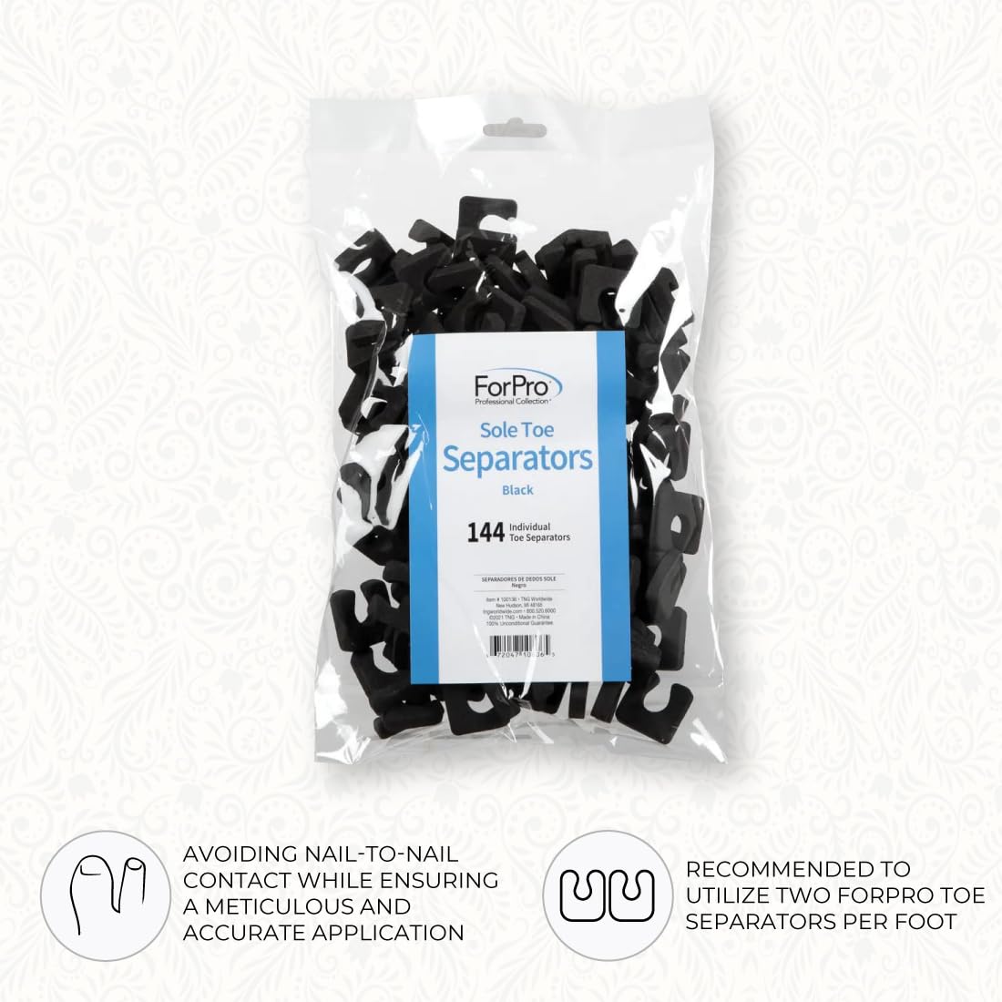 ForPro Sole Toe Separators - Black Luxurious Foam Separators - Individual Toe Separators for Pedicures â€“ 144-Count