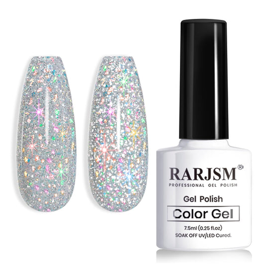 RARJSM Reflective Glitter Gel Polish Silver Sparkling Glitter Iridescent Shimmer Gel Nail Polish Sparkle Diamond Holographic Gelpolish Soak off Nail Art Varnish Manicure for Salon DIY at Home