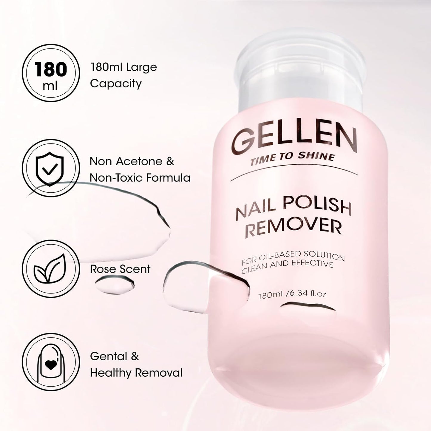 Gellen Nail Polish Remover, Non Acetone Nail Polish Remover for Regular Nail Polishes, Rose Scent Healthy, Easy Push-down Pump, 6.09 Fl Oz