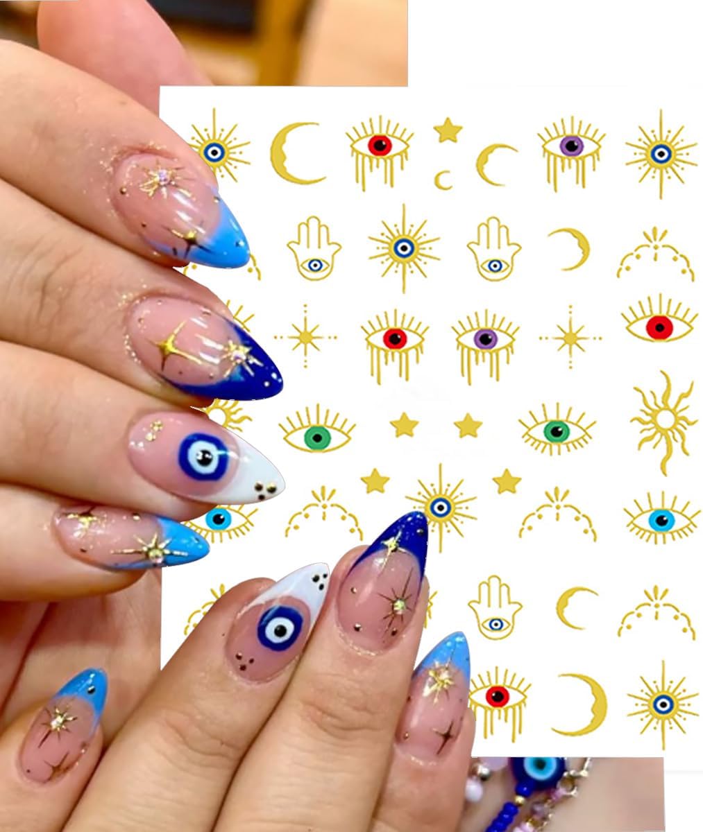 6 Sheets Halloween Eye Nail Art Stickers 3D Self Adhesive Gold Silver Nail Stickers Gothic Eye Nail Decals Star Sun Nail Art Supplies Halloween Holiday Nails Supply for Women DIY Manicure Kit