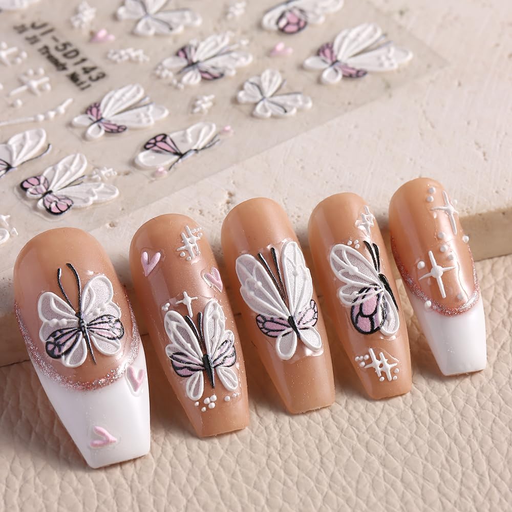 5D Embossed Butterfly Nail Stickers, 3 Sheets Self-Adhesive Nail Decals White Pink Purple Butterfly Daisy Flowers Designs Nail Decorations DIY Manicure Supplies for Women Girls&Kids