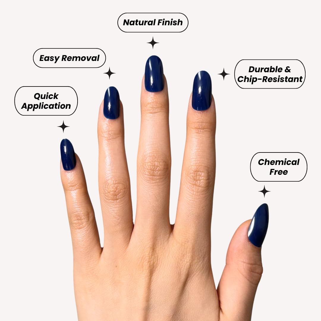 Perfect Look Press On Nails - Blue Ink | No Glue One-Day Long Oval Nails, Glossy Deep Blue Fake Nails for Bold Looks - 24 Pcs Nail Kit with Adhesive Tabs