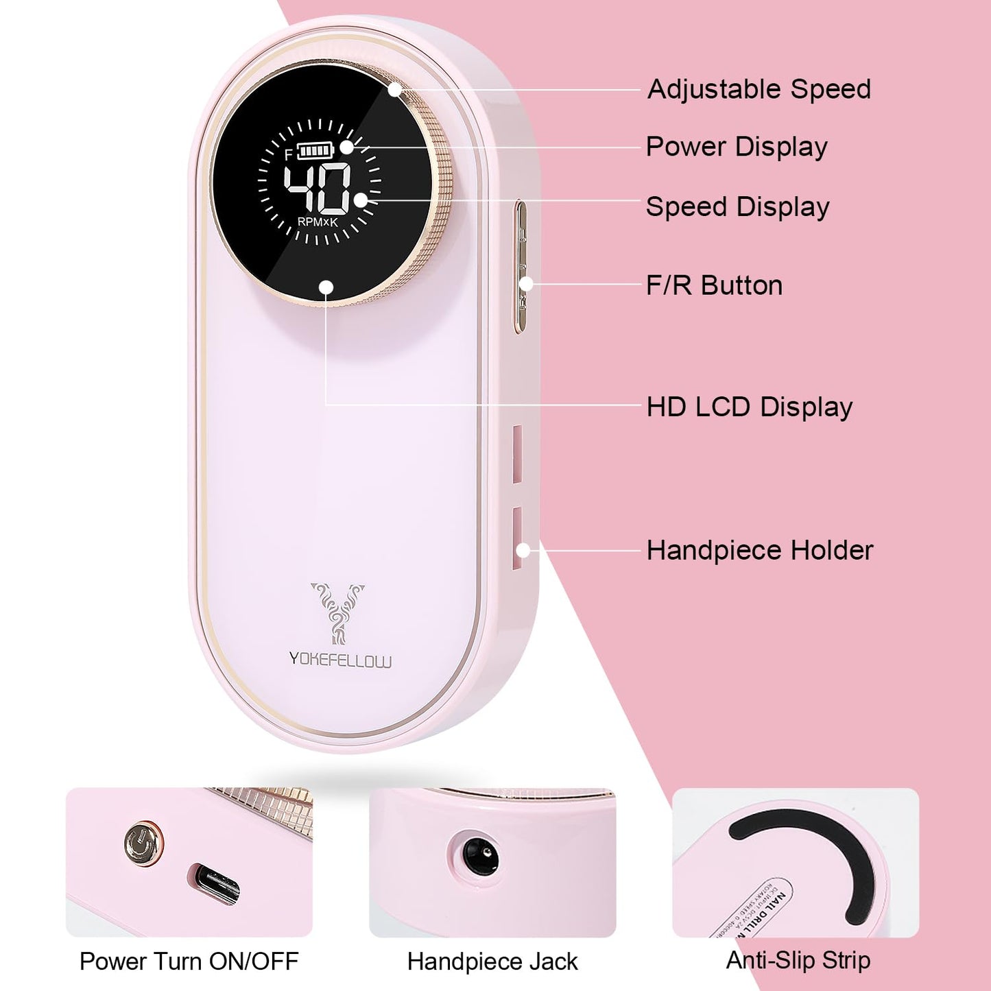 YOKE FELLOW Nail Drill Machine - 40000 RPM Electric Nail File Nail Drills for Acrylic Nails Professional with 12 Drill Bits Manicure Pedicure Polishing Nail Drill for Home Use