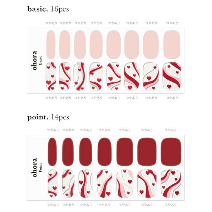 ohora Semi Cured Gel Nail Strips (N Cupid's Trace) - Red, Pattern, Works with Any UV/LED Lamps, Salon-Quality, Long Lasting, Easy to Apply & Remove - Includes 2 Prep Pads, Nail File & Wooden Stick
