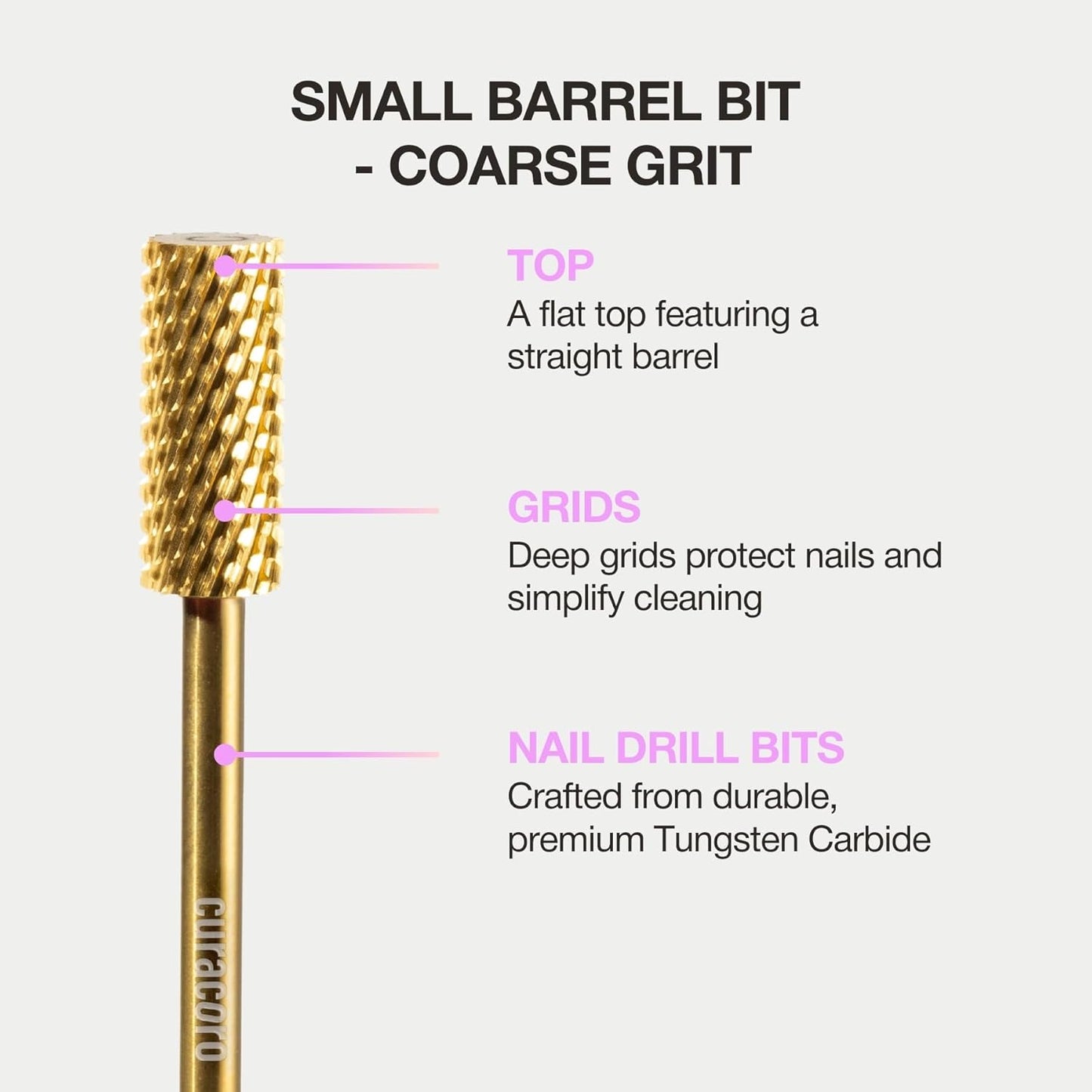 Curacoro Nail Drill Bits 3/32'' - Small Barrel Carbide Bit (Coarse) for Professional Finish, Precisely Remove, Shape & Smooth Acrylic or Gel Nails, Nail Art Pedicure Manicure Salon & Home