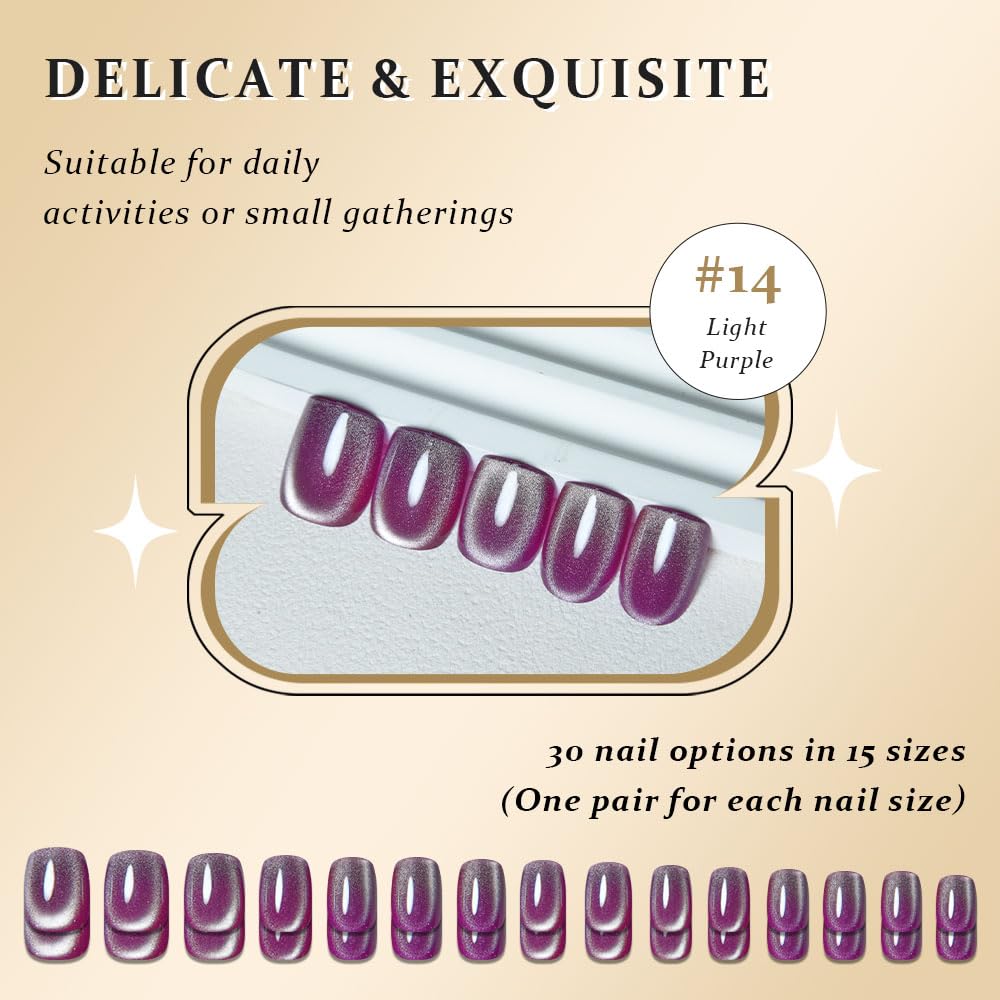 evpct Light Purple Cat Eye Extra Short Press on Nails Square, Petite Short Square Glue on Nails for Women Gift, Magenta Purple Holographic Glitter Glossy Reusable Gel Press on Acrylic Fake Nail