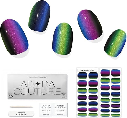 Semi Cured Gel Nail Strips with 30 Pieces - Salon Quality Manicure Kit for Women Easy Application Wraps Includes Prep Pads Nail File Wooden Stick, UV Light Required (M Aurora)
