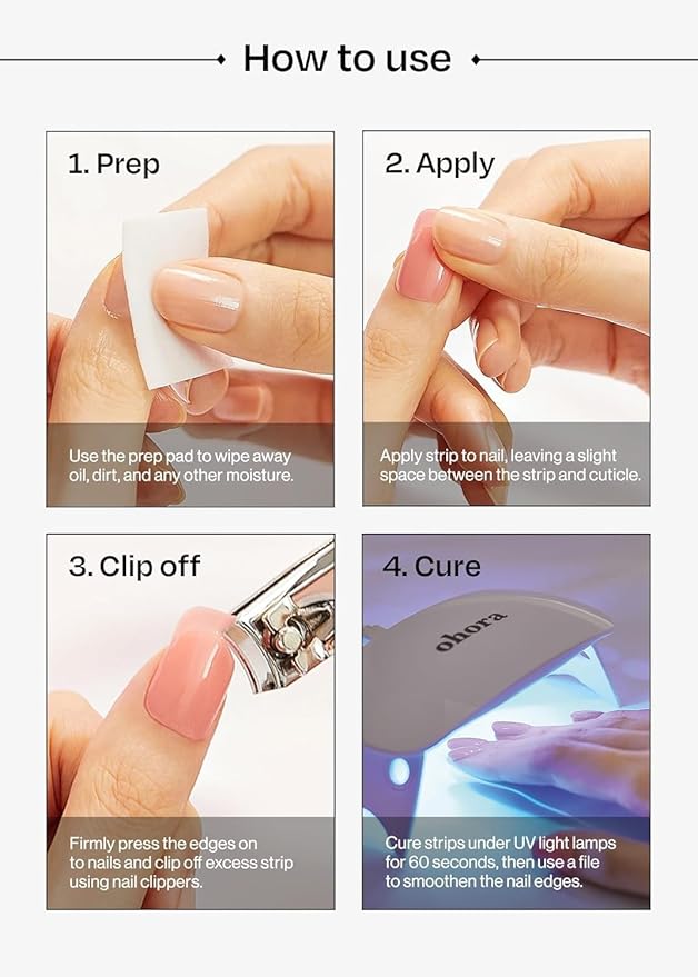 ohora Semi Cured Gel Nail Strips (N Noir) - Dark, Patterned, Works with Any UV/LED Lamps, Salon-Quality, Long Lasting, Easy to Apply & Remove - Includes 2 Prep Pads, Nail File & Wooden Stick