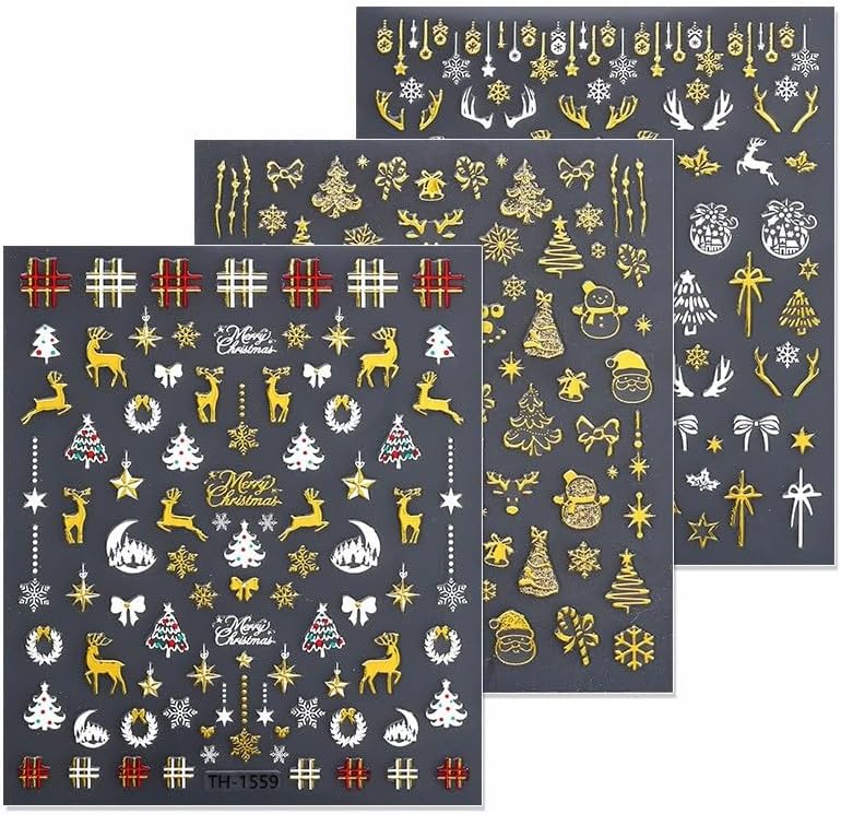 Christmas Nail Art Stickers Decals Xmas Tree Elk Self-Adhesive Xmas Nail Decals Nail Art Supplies 6PCS Crystal Ball Bow Star Antler Christmas Nails Design Manicure Sliders for Holiday Nail Decorations