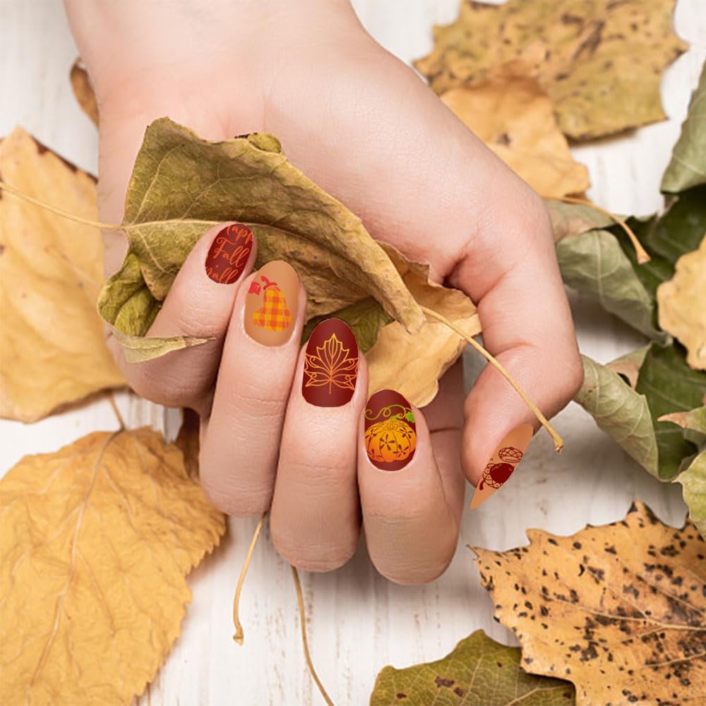 ALIBBON 6 Pcs Fall Nail Stamping Plates Set, Leaves Background Nail Art Stamp Templates, Autumn Tree Stamp Templates Kit, Happy Thanksgiving Day Metal Nail Plates for DIY Printing Decor 4.7×2.4"