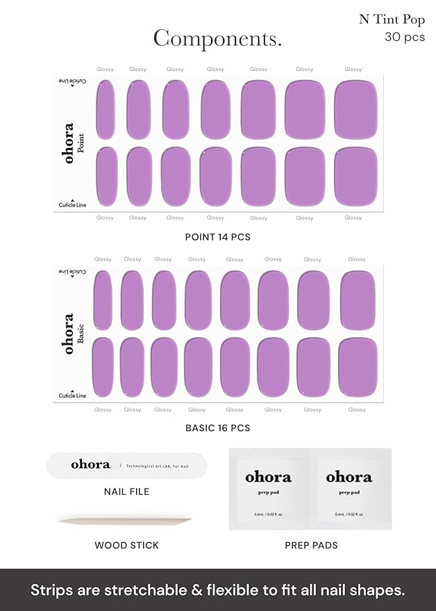 ohora Semi Cured Gel Nail Strips (N Tint Pop) - Purple, Tint, Works with Any UV/LED Lamps, Salon-Quality, Long Lasting, Easy to Apply & Remove - Includes 2 Prep Pads, Nail File & Wooden Stick