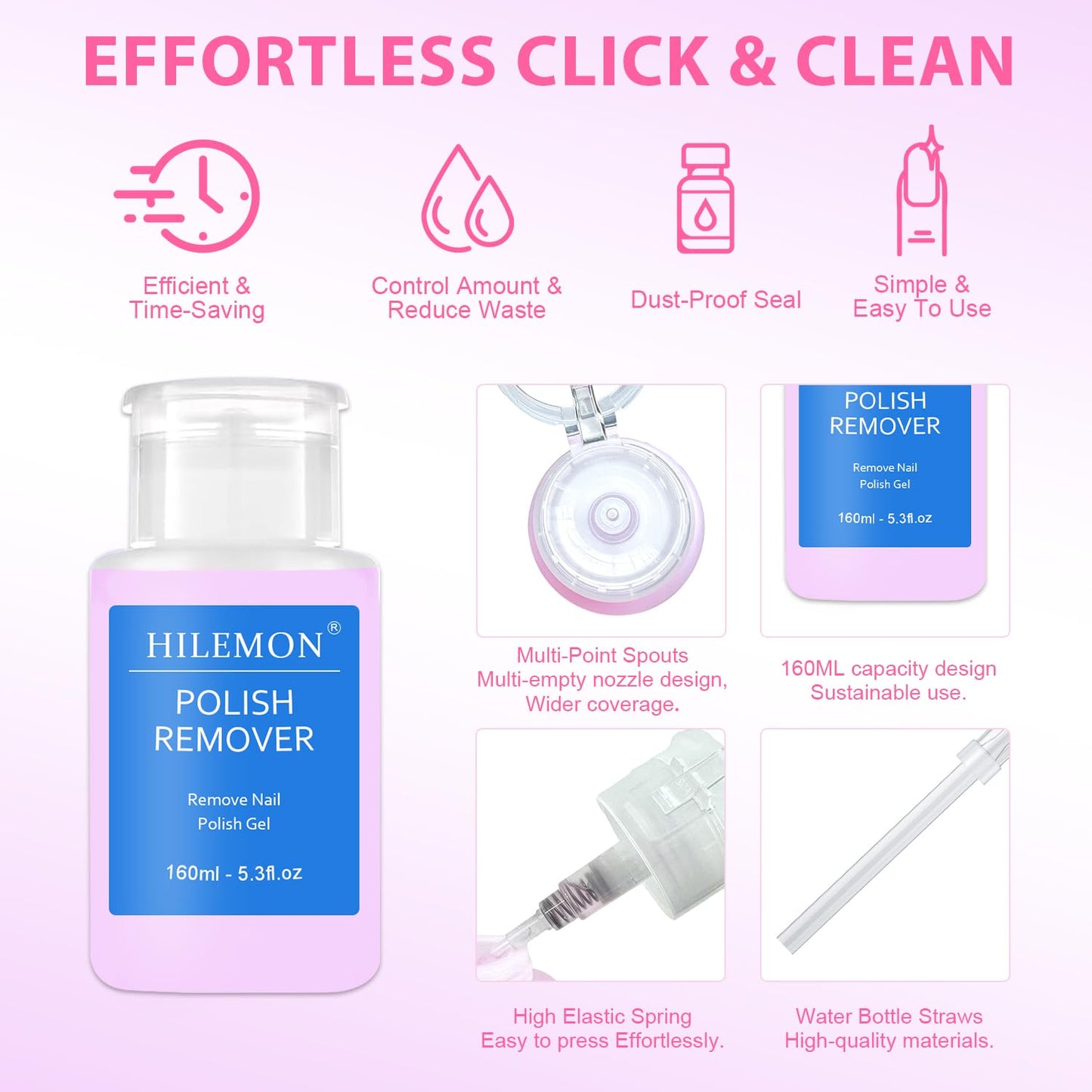 Nail Polish Remover, Fast Remover for Regular & Gel Nail Polishes, Gentle Non-Irritating, Pump-on Bottle, Salon & Home Use, 160ml (Polish Remover)