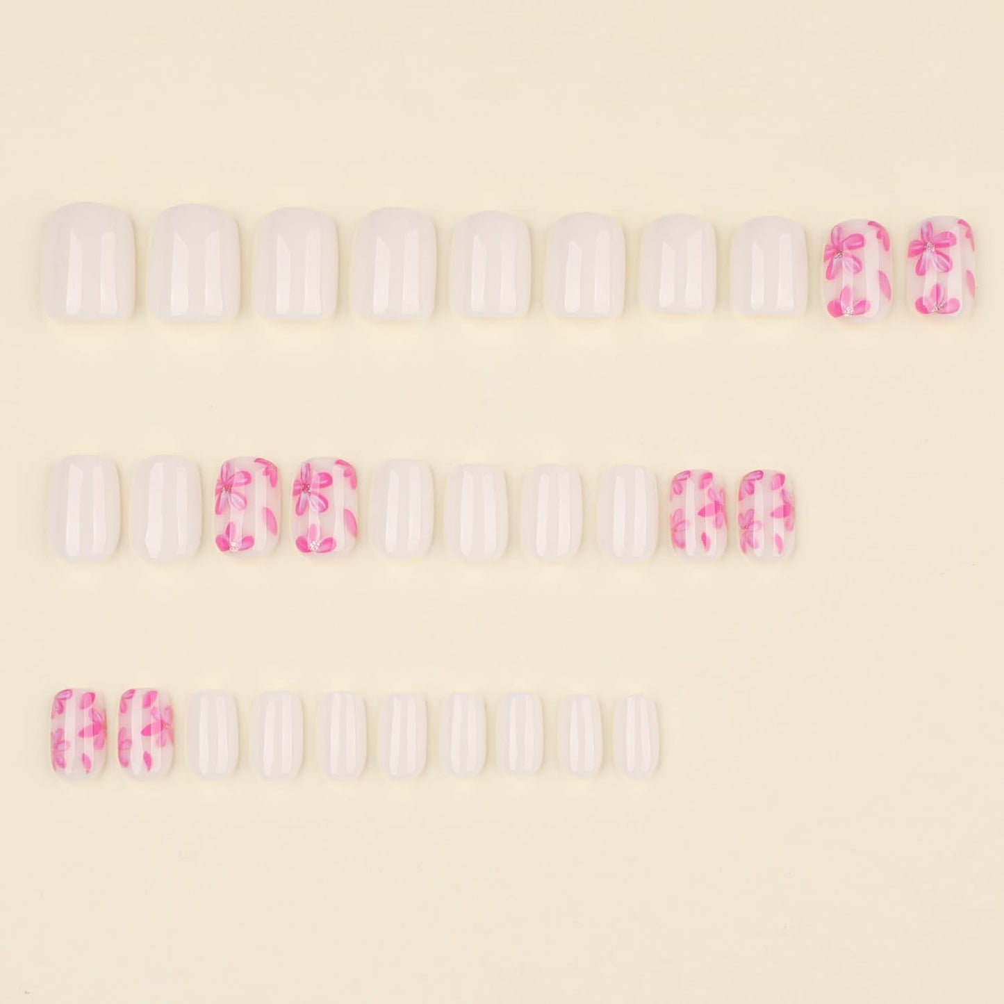 White Press On Nails Square Short, Pink Flower Fake Nails with 3D Floral Design, Glossy Finish Reusable Acrylic Nails, Natural Glue On Nails Kit for Women, 24Pcs