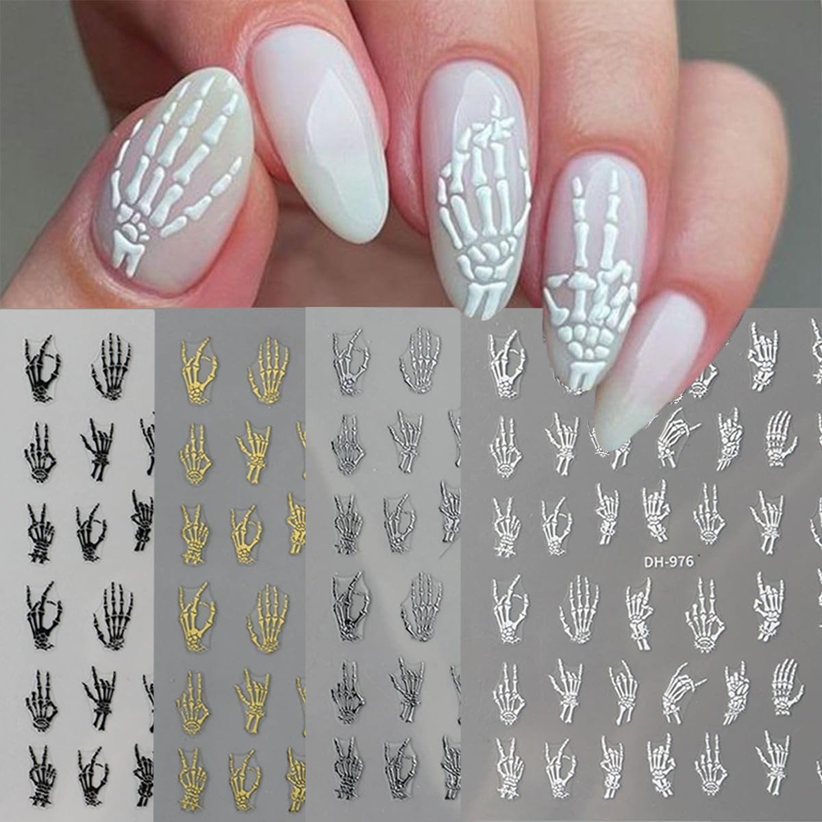 Halloween Nail Art Stickers Decals 3D Finger Bone Nail Stickers 4PCS Black White Gold Silver Fantasy Bone Design Halloween Nails Adhesive Decals Supply for Women Holiday Manicure Nail Art Decorations