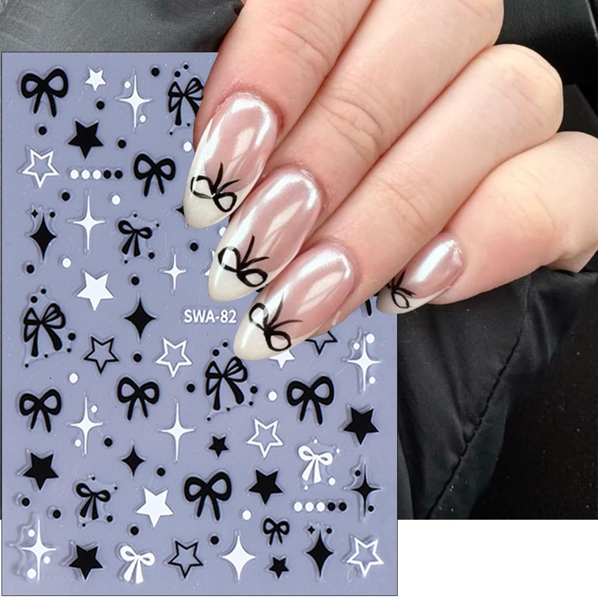 6Sheets Star Bow Nail Stickers 3D Self Adhesive Black White Pink Bows Heart Nail Decals Lace French Tip Nails Art Stickers Cute Bow Charms Sticker Star Nails Design Supplies for Women Girls Manicure