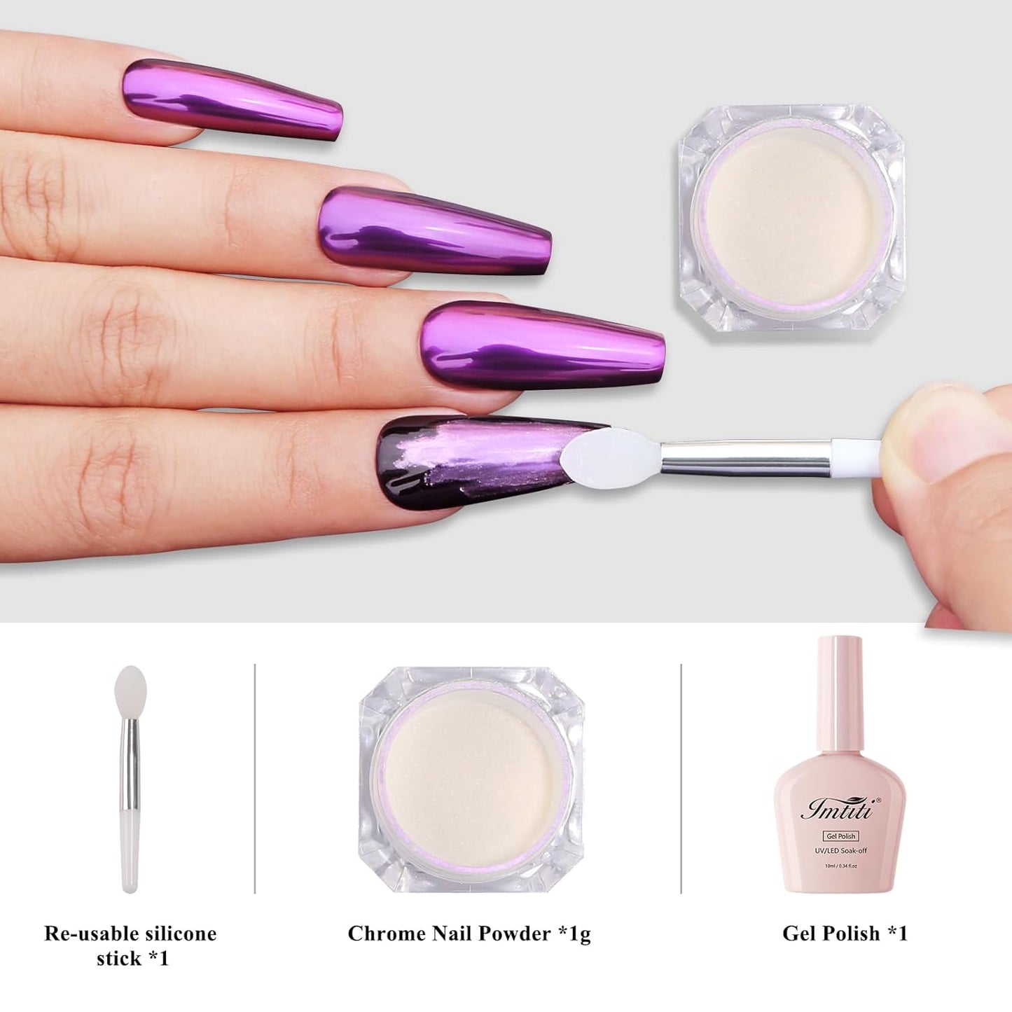 Imtiti Chrome Nail Powder with Black Gel Nail Polish Kit, 1g Purple Aurora Meatllic Mirror Effect Shimmer Powder and10ML Black Gel Polish for UV Nails Art DIY Kit