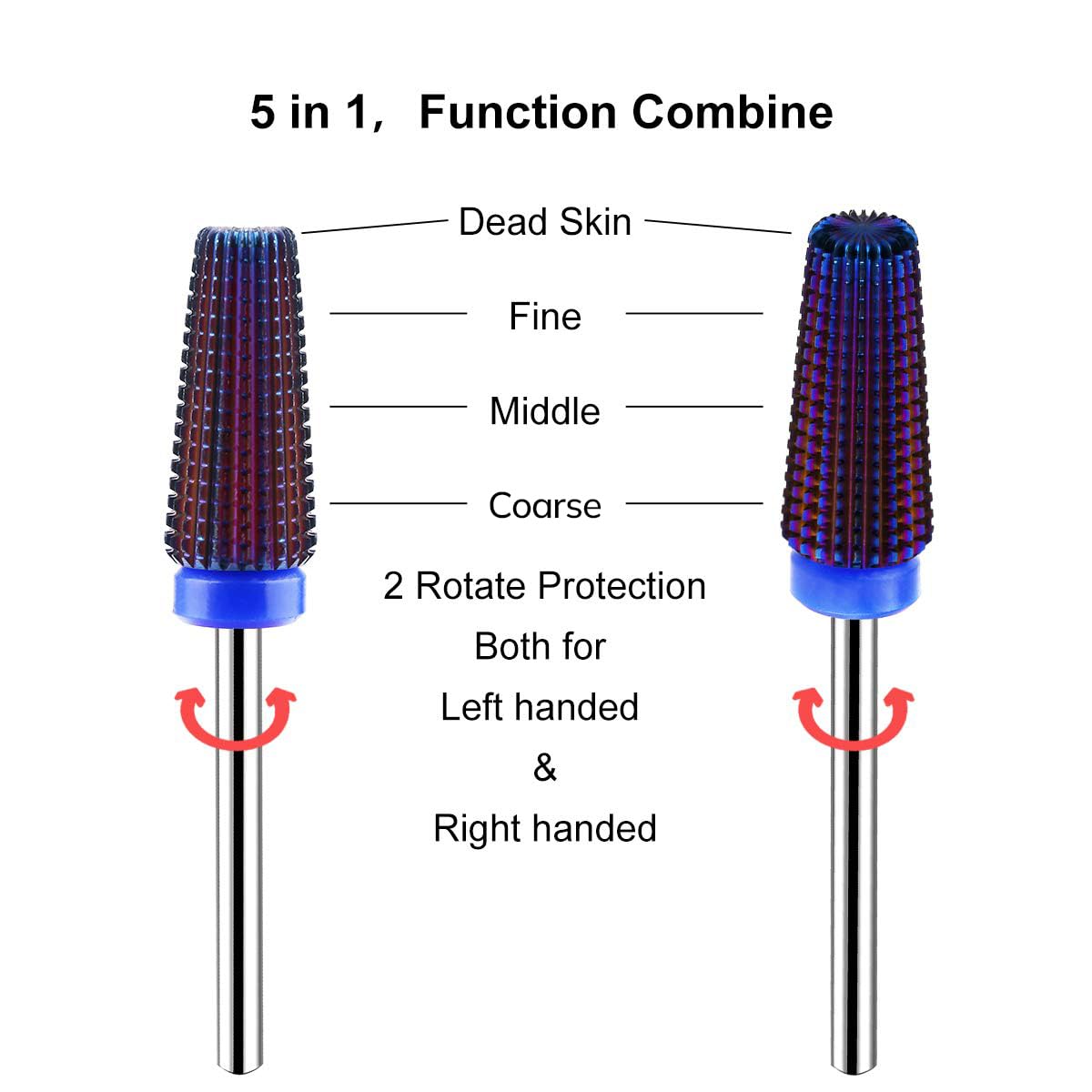 Lavinda 5 in 1 Medium Grit Nail Drill Bit Multi-Function Carbide for Acrylic Fill Cuticle Work Gel Removal Left Right Handed Nail Tech Essential 3/32" (Medium, Purple)