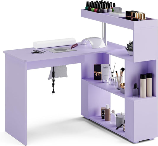 Manicure Table, L-Shaped Nail Tech Desk with Dust Collector, Reversible Rotating Table & Storage Shelf, Acetone Resistant Beauty Salon Station, Purple