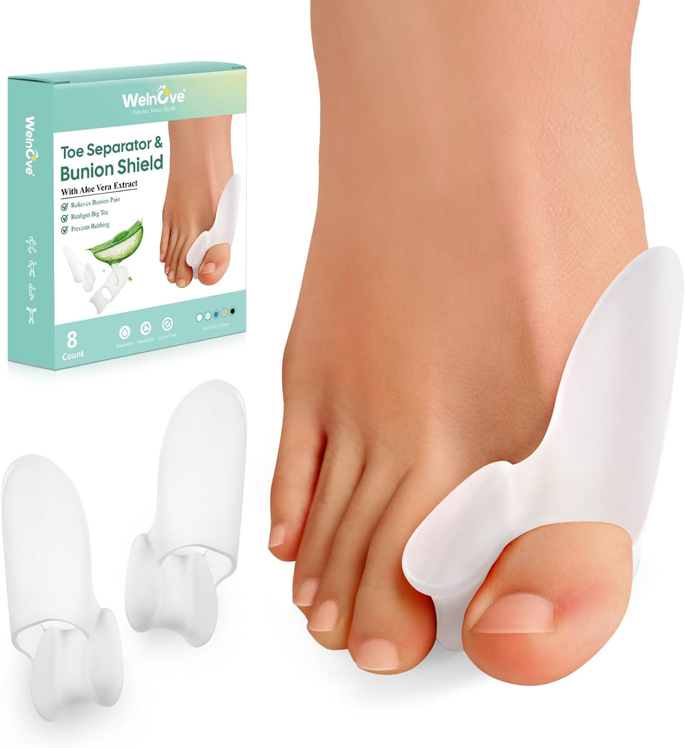 Welnove Bunion Cushion Protector, 8 Pack Aloe Vera Extract Infused Bunion Corrector with Separator, Gel Bunion Shield for Foot Pain Relief, Calluses, Relieve Foot Pain from Friction(White)