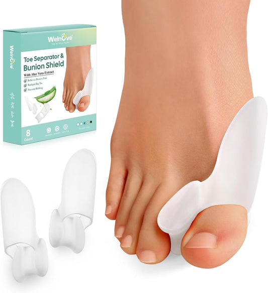 Welnove Bunion Cushion Protector, 8 Pack Aloe Vera Extract Infused Bunion Corrector with Separator, Gel Bunion Shield for Foot Pain Relief, Calluses, Relieve Foot Pain from Friction(White)
