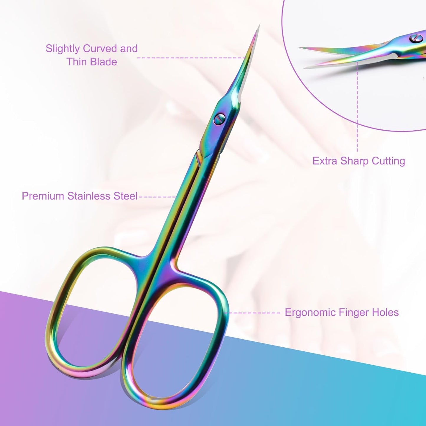 CGBE Cuticle Scissors Extra Fine Curved Blade, Super Slim Manicure Scissors for Cuticles Professional Small Scissors with Precise Pointed Tip Grooming Blades, Eyebrow, Eyelash, and Dry Skin - Colorful