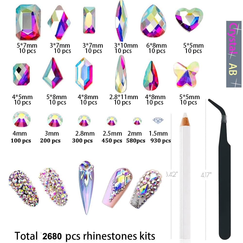 2680Pcs AB Nail Rhinestones, Big Colorful AB Nail Charms, Diamond Gems Stones with 2560Pcs AB Flatback Round Beads, Clear Acrylic Colored Glass Jewelry for Nails Faces Eyes Makeup Decoration
