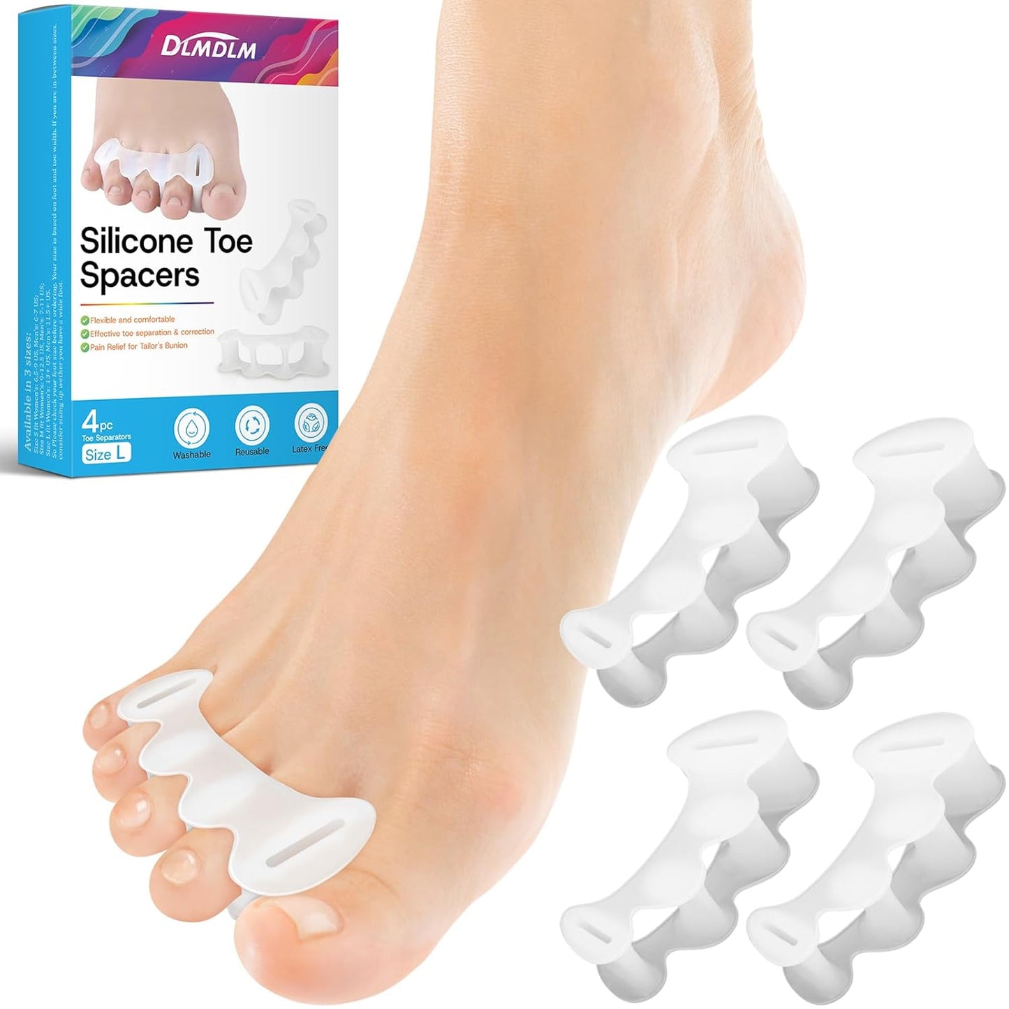 2Pairs Toe Spacers for Women and Men, Toe Separators for Correct Bunion, Relieve Feet Pain, Foot Alignment, Toe Straighteners for Hammertoes, Plantar Fasciitis (Large)
