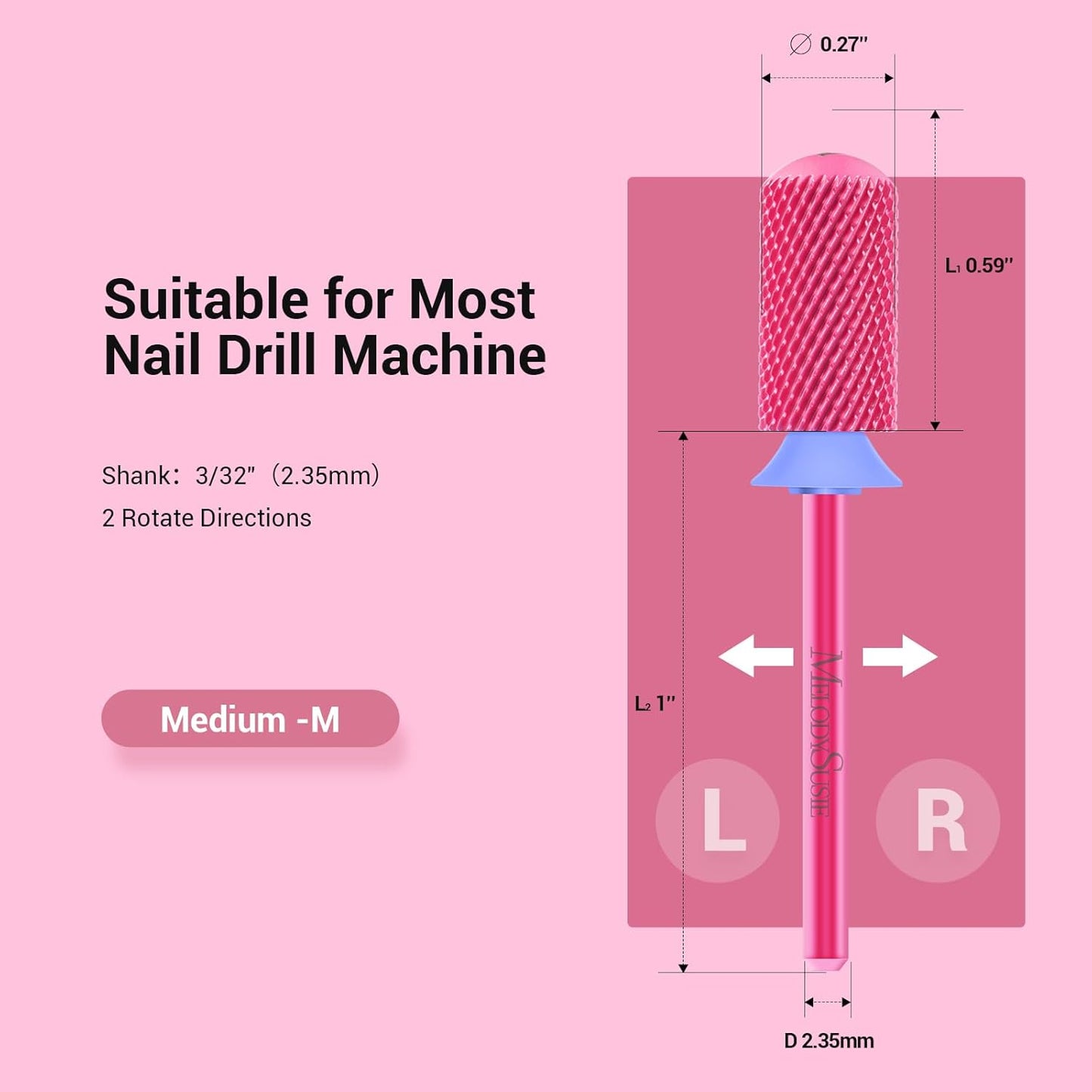 MelodySusie Safety Nail Drill Bits, 3/32'' Smooth Round Top Large Barrel Carbide Bits, Suitable for Manicure Pedicure Cuticle Gel Polishing, Beginners Bits, Pink Blossom, Series Bit-S