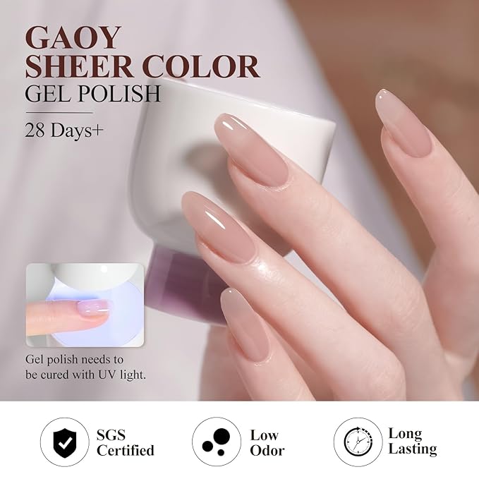 GAOY Jelly Nude Pink Gel Nail Polish Set, 6 Transparent Colors Sheer Brown Soak Off UV Light Cure Gel Polish Kit for Salon and Nail Art DIY at Home