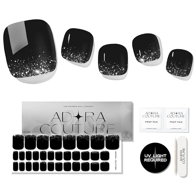 Semi Cured Gel Nail Strips - 32 pcs Gel Pedicure Stickers, Easy to Apply & Remove Toenail Stickers, Salon Quality at Home & Long Lasting - UV Nail Lamp Required - Midnight Glam P