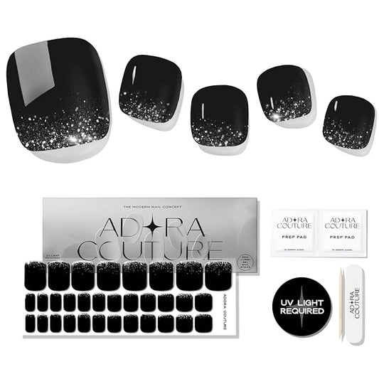 Semi Cured Gel Nail Strips - 32 pcs Gel Pedicure Stickers, Easy to Apply & Remove Toenail Stickers, Salon Quality at Home & Long Lasting - UV Nail Lamp Required - Midnight Glam P